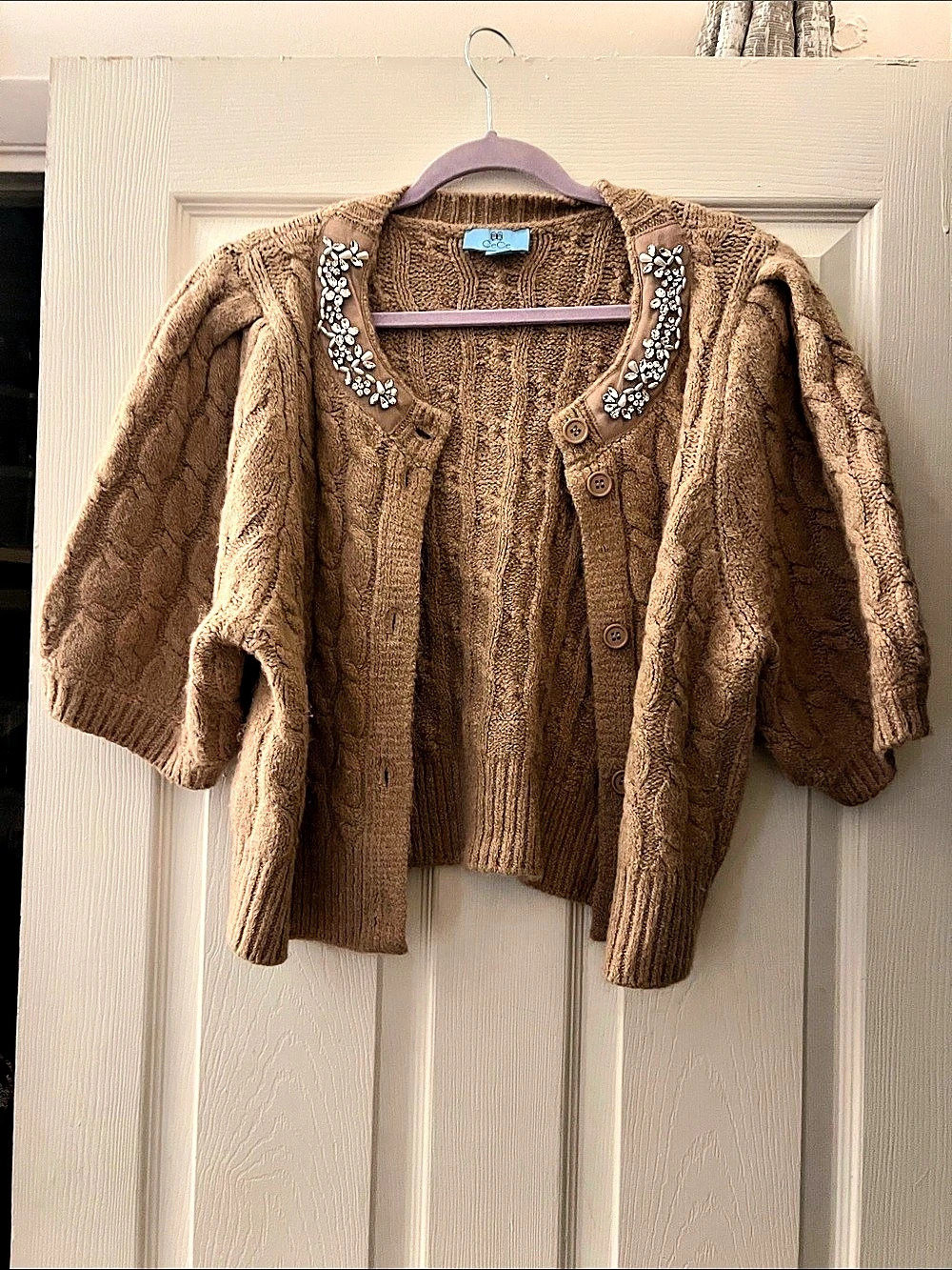 CeCe Rhinestone Neckline Cable Stitch Cardigan Brown XL